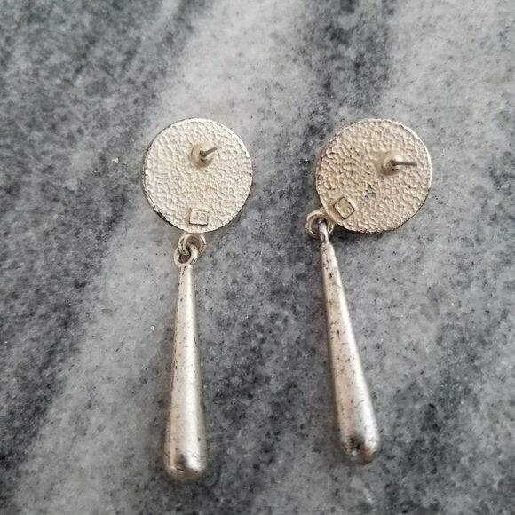 Vintage JS Post Earrings with Long Dangle Drop, Silver Tone, Retro, Estate - Picture 2 of 5